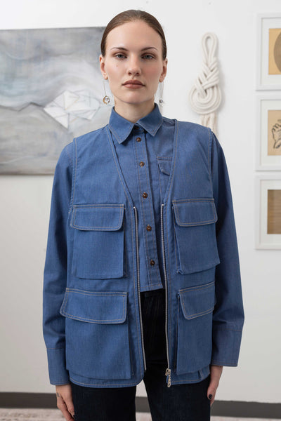 Close-up front view of fisherman's vest in Denim mid-weight twill with double-needle topstitching and zipper closure by nowhere studio