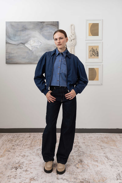 Sculptural blouson jacket in navy, full front alternate view — pleated sleeves and gathered waist in water-resistant nylon, nowhere studio