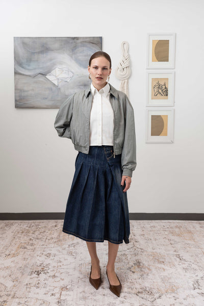Sculptural blouson jacket in silver, full front alternate view — pleated sleeves and gathered waist in lightweight crinkled nylon, nowhere studio