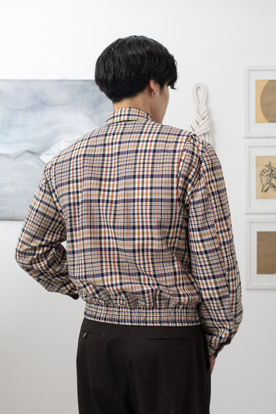 Yarn dye plaid Harrington jacket back close up view, back vent construction by nowhere studi