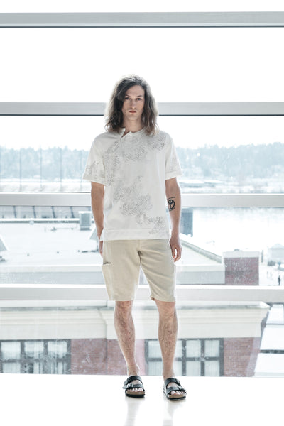 Slow fashion concepts by Nowhere Studio digitally printed organic cotton shirt