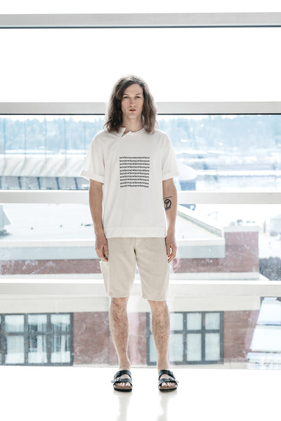 Slow fashion concepts by Nowhere Studio white short sleeve shirt with embroidered graphic 